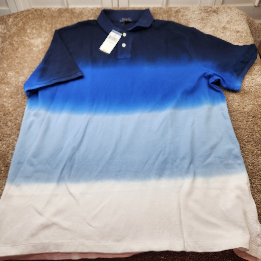 Polo Ralph Lauren Mens Ombre Dip-Dye Polo Shirt Navy Blue White XL  NEW